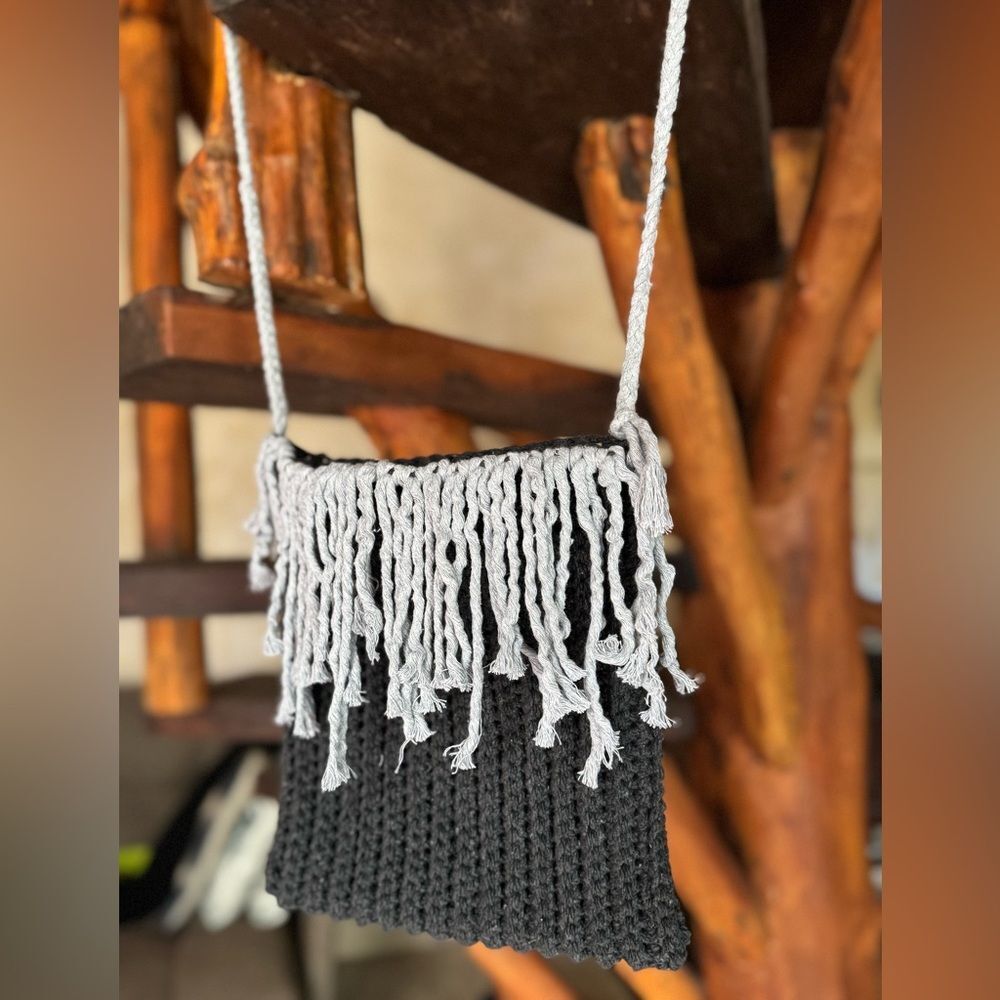 Black and Gray Fringe Knit Crossbody Bag